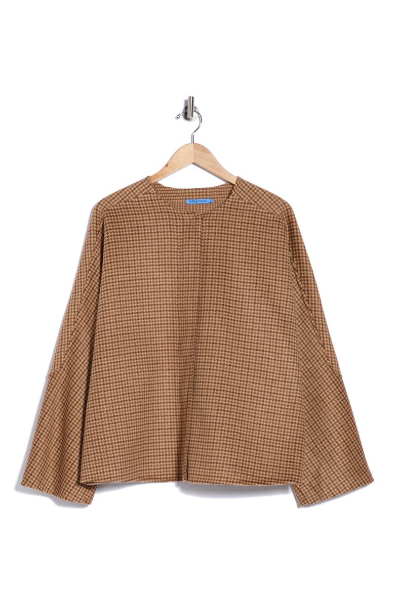 Bora Houndstooth Wool Blend Full Zip Poncho, Main, color, TAN
