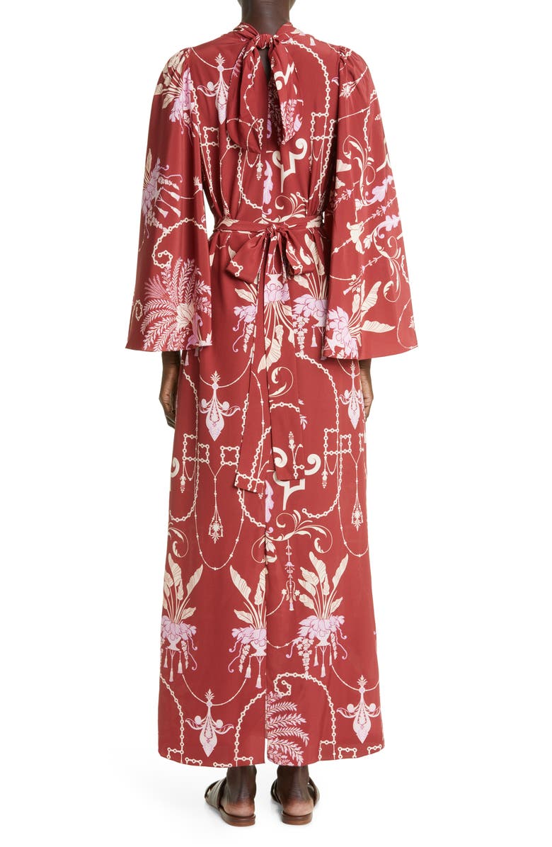 Johanna Ortiz Hanging Plants Long Sleeve Silk Tunic Maxi Dress, Alternate, color, Plantpots Marsala Ecru Lilac