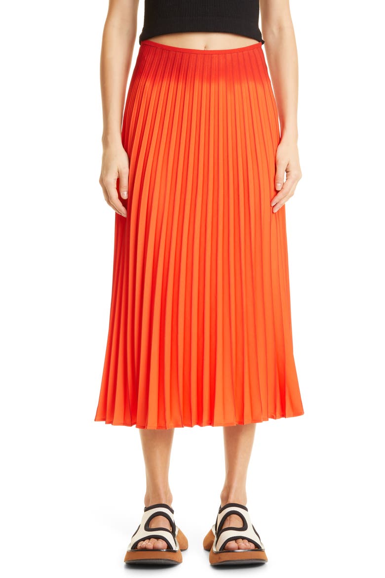 Crepe Pleated Midi Skirt, Main, color, BRIGHT ORANGE/ BLACK