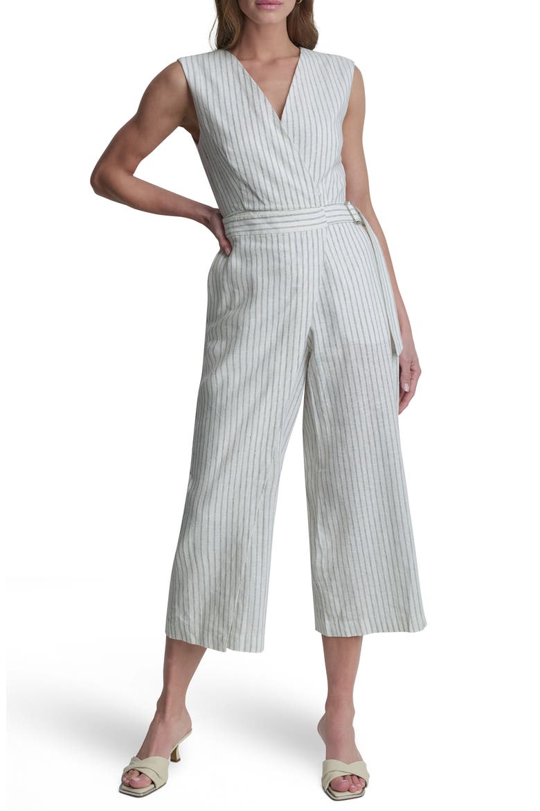 Stripe Linen Blend Crop Jumpsuit, Main, color, IVORY/ADMIRAL