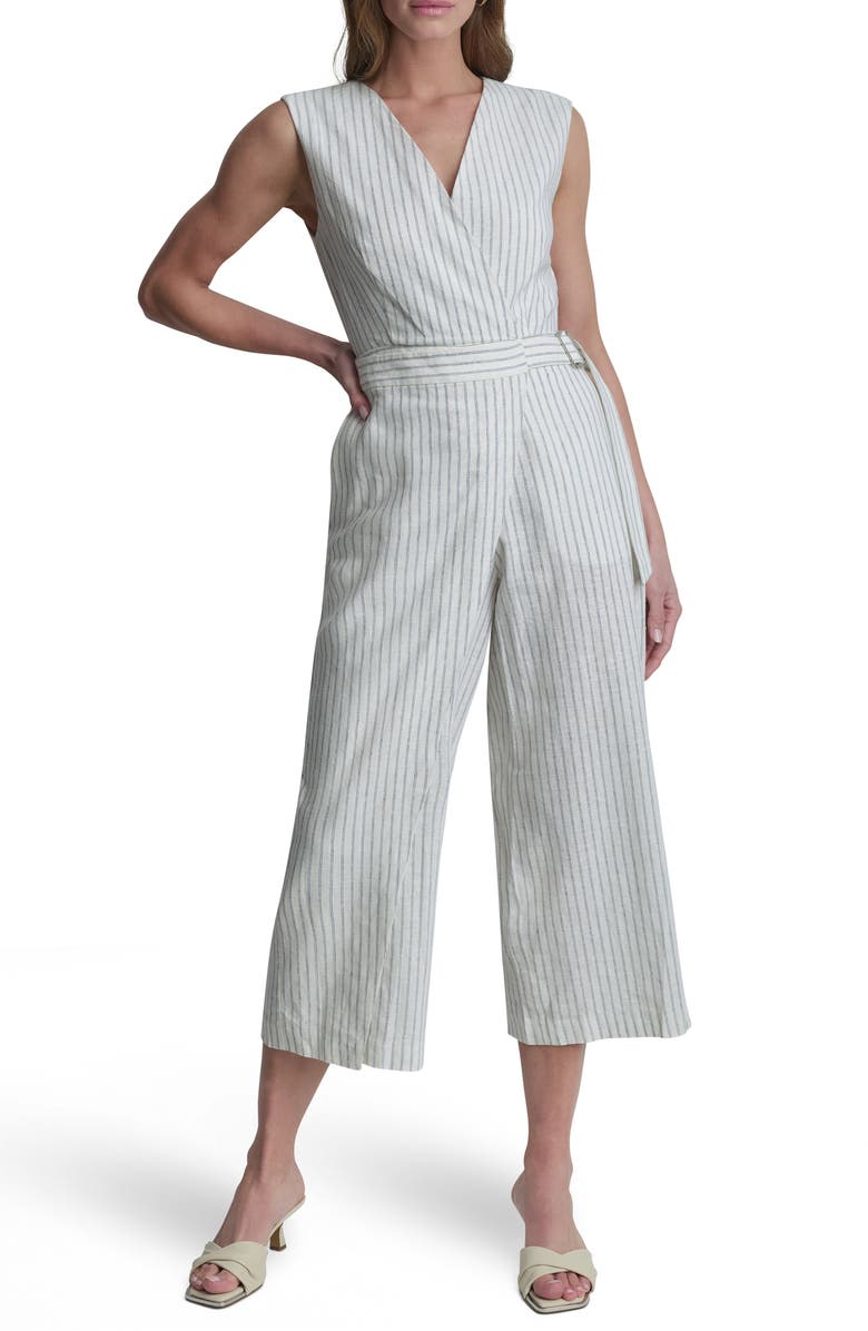 DKNY Stripe Linen Blend Crop Jumpsuit, Main, color, Ivory/Admiral