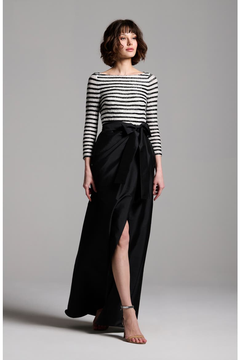 Beaded Stripe Mixed Media Taffeta Gown, Alternate, color, BLACK