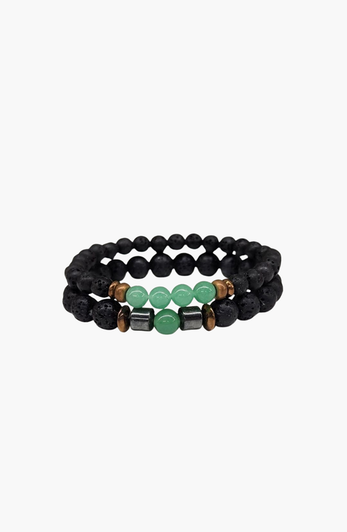 Humanist Beauty Crystal Lava Beaded Bracelet Set In Green