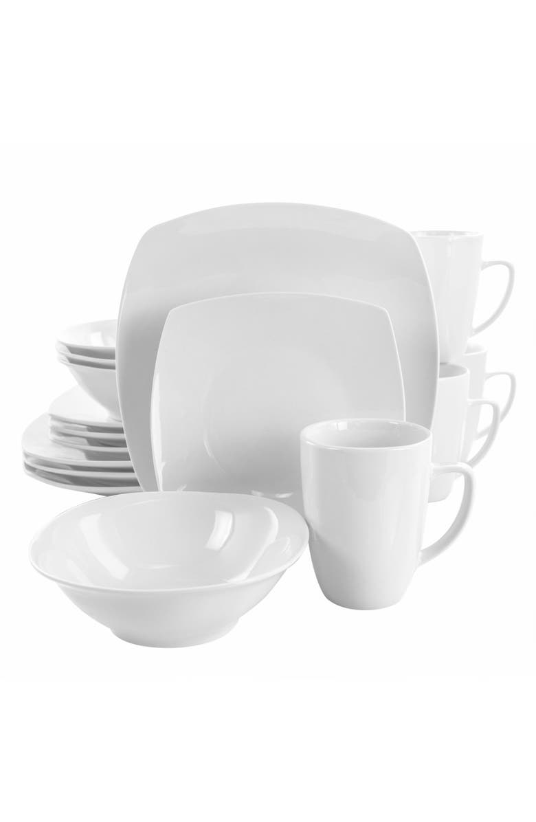 Elama Bishop 16 Piece Soft Square Porcelain Dinnerware Set, Main, color, White
