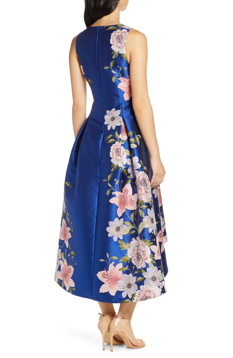 Eliza J Floral Print Satin Twill High/Low Fit & Flare Dress, Alternate, color, 