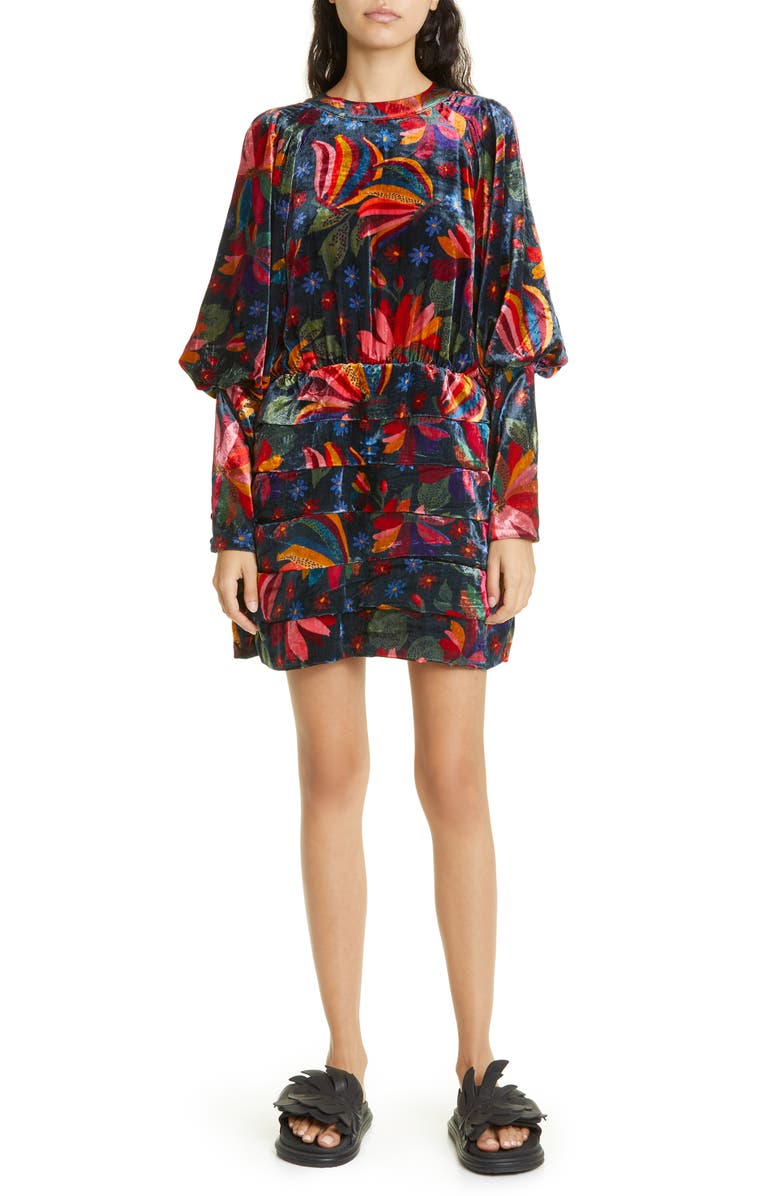FARM Rio Banana Sky Long Sleeve Velvet Dress, Main, color, Banana Sky Black