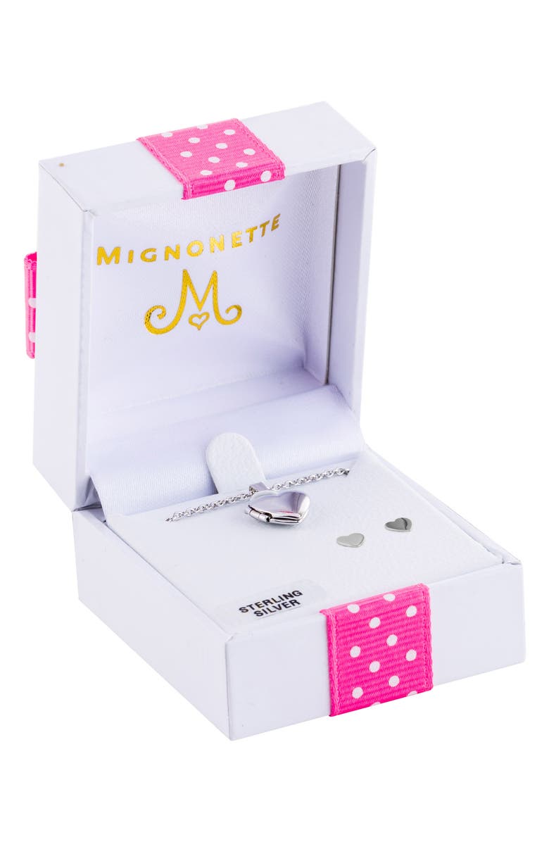 Mignonette Sterling Silver Heart Locket Necklace & Earrings Set, Alternate, color, Silver