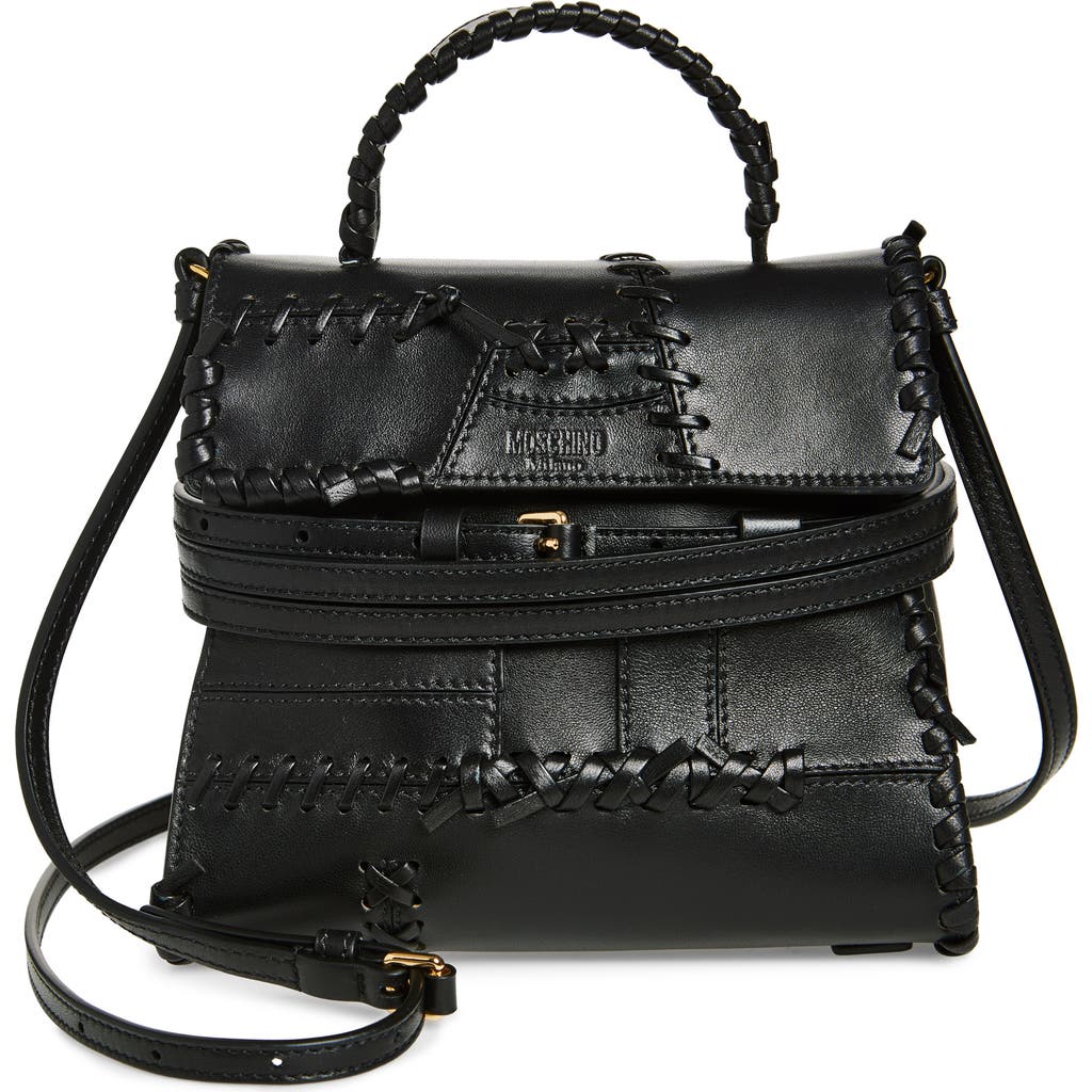 Shop Moschino Tie Me Whipstitch Leather Shoulder Bag In Black Soft Leather