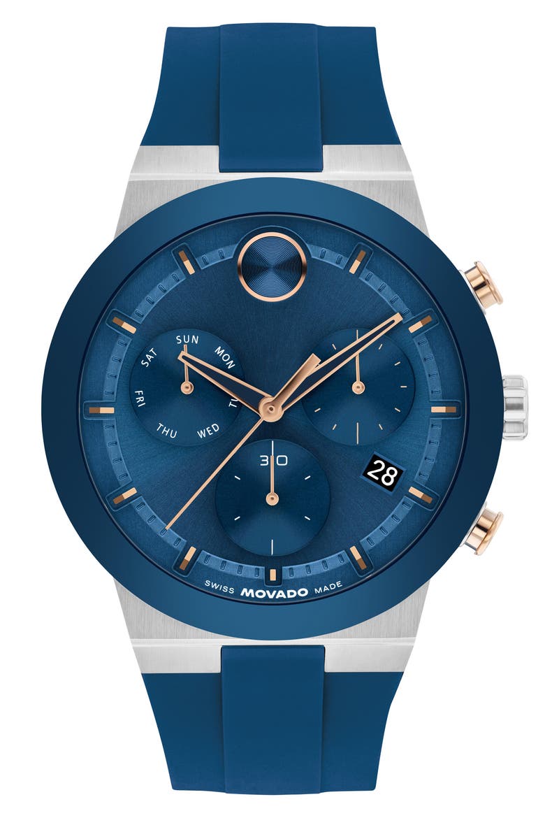 Bold Fusion Chronograph Silicone Strap Watch, 44.5mm, Main, color, BLUE