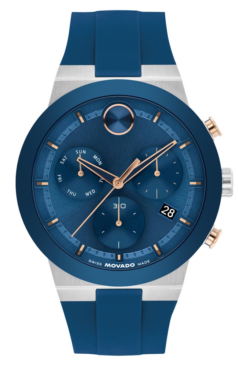 Movado Bold Fusion Chronograph Silicone Strap Watch, 44.5mm, Main, color, Blue