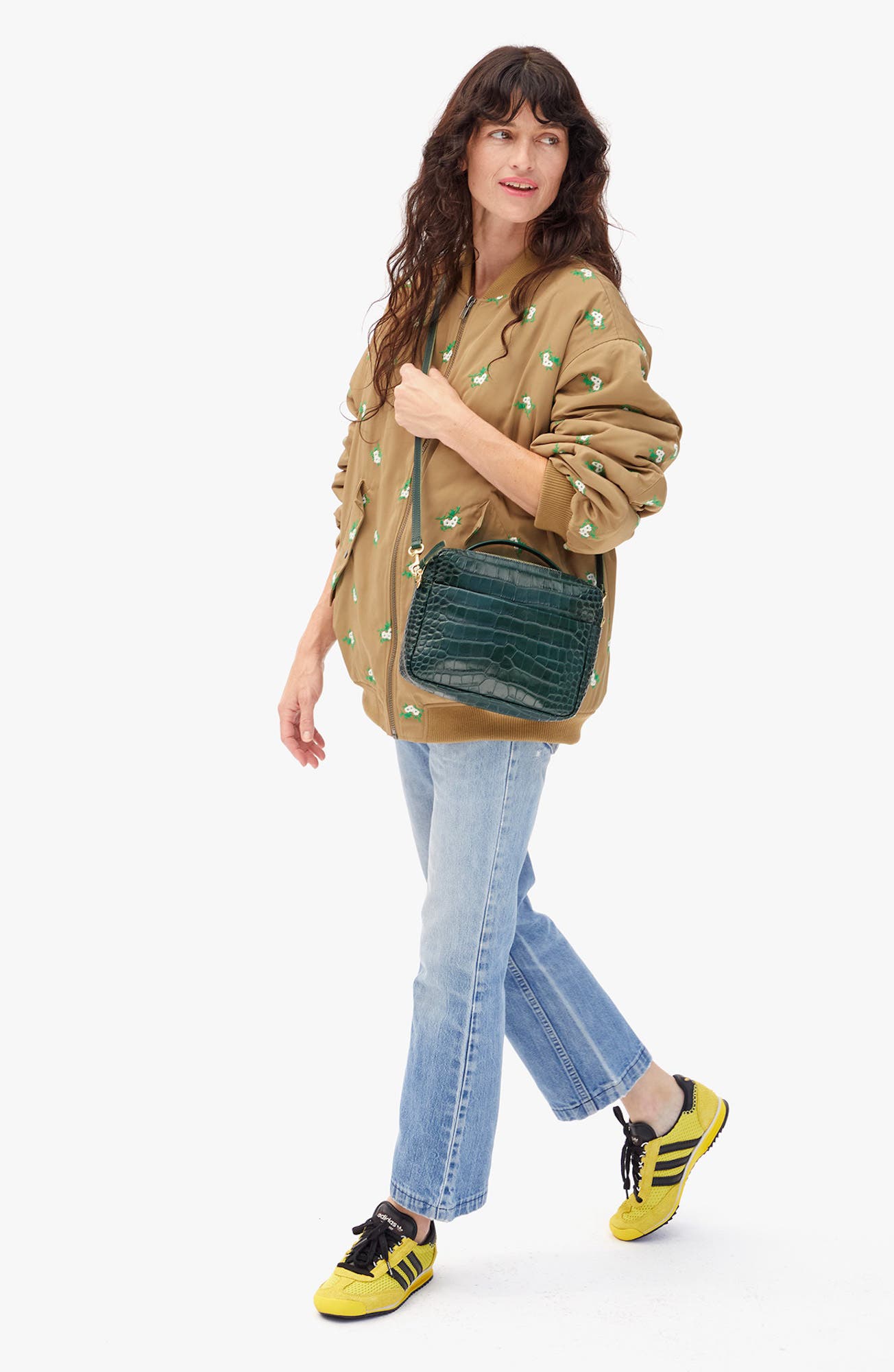 Clare V. Mirabel Croc Embossed Leather Crossbody Bag, Alternate, color, Deep Pine