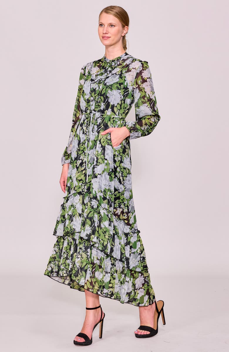 MELLODAY Long Sleeve Ruffle Chiffon Dress, Alternate, color, Black Green Multi