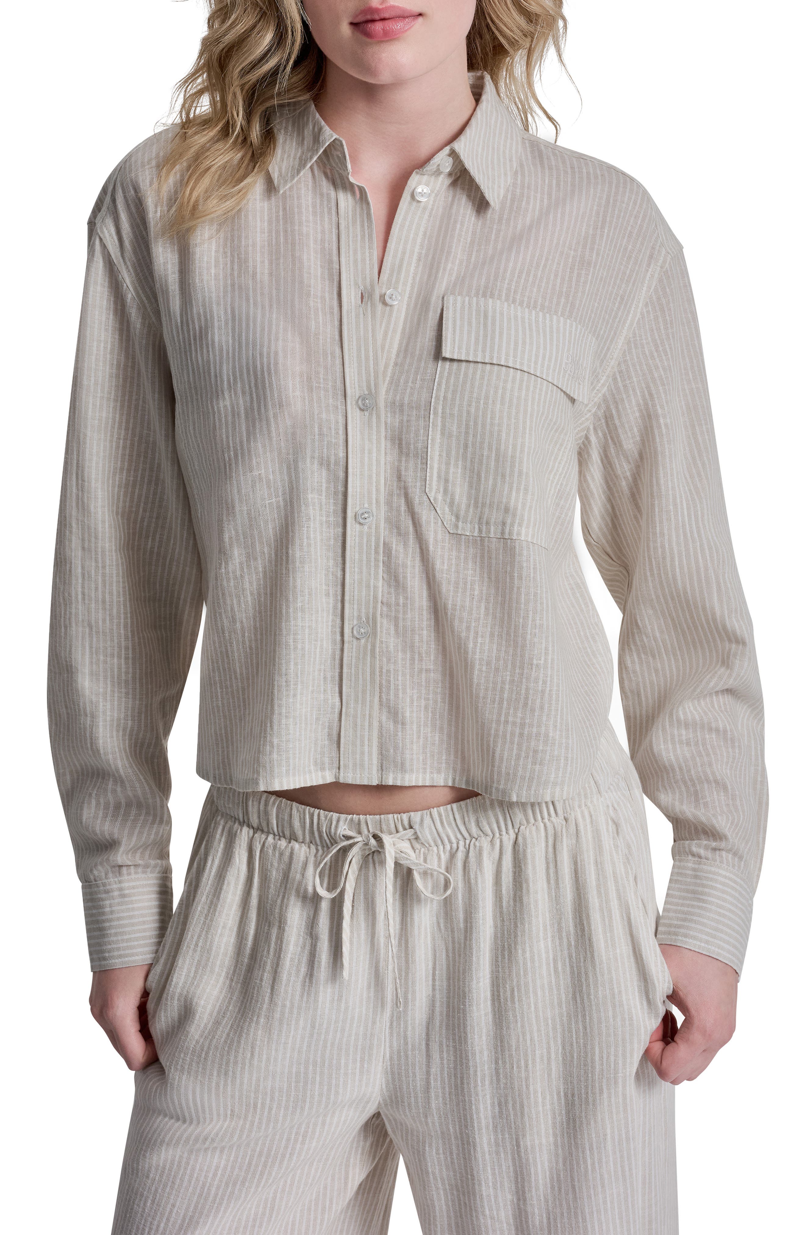 DKNY Jeans Striped Long Sleeve Linen Blend Top