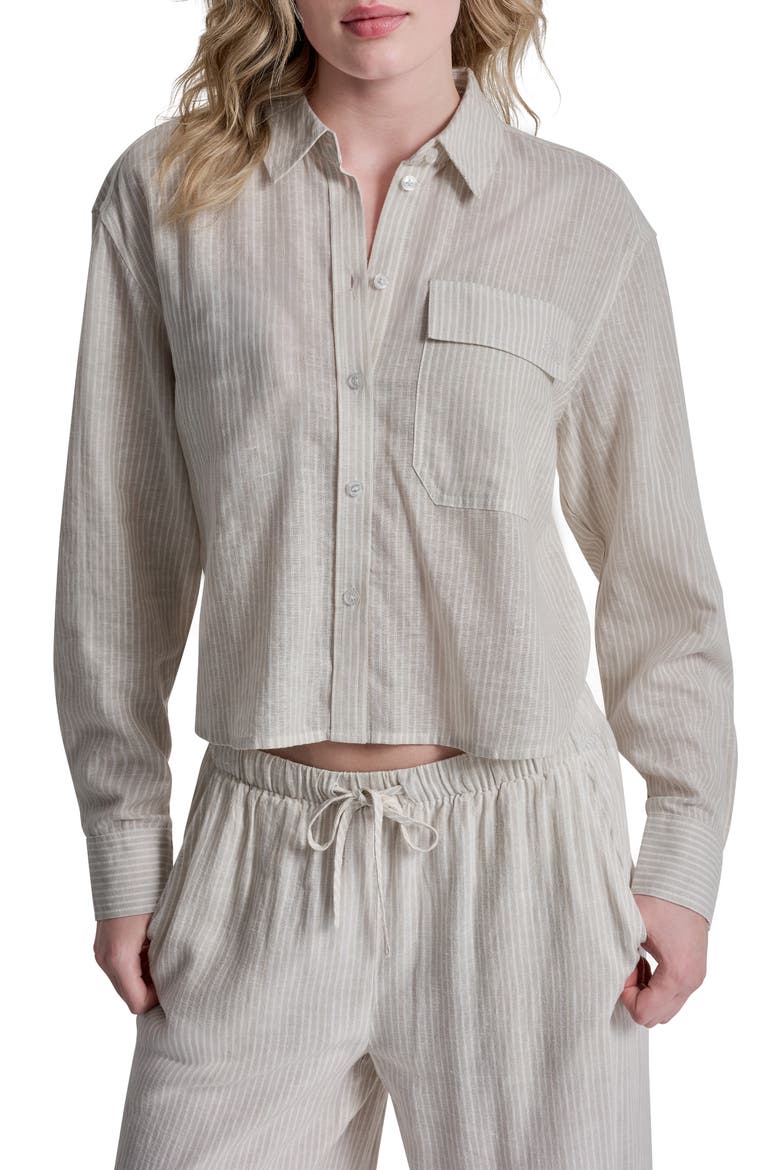 Striped Long Sleeve Linen Blend Top, Main, color, PEBBLE/ IVORY