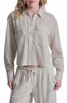 DKNY Jeans Striped Long Sleeve Linen Blend Top