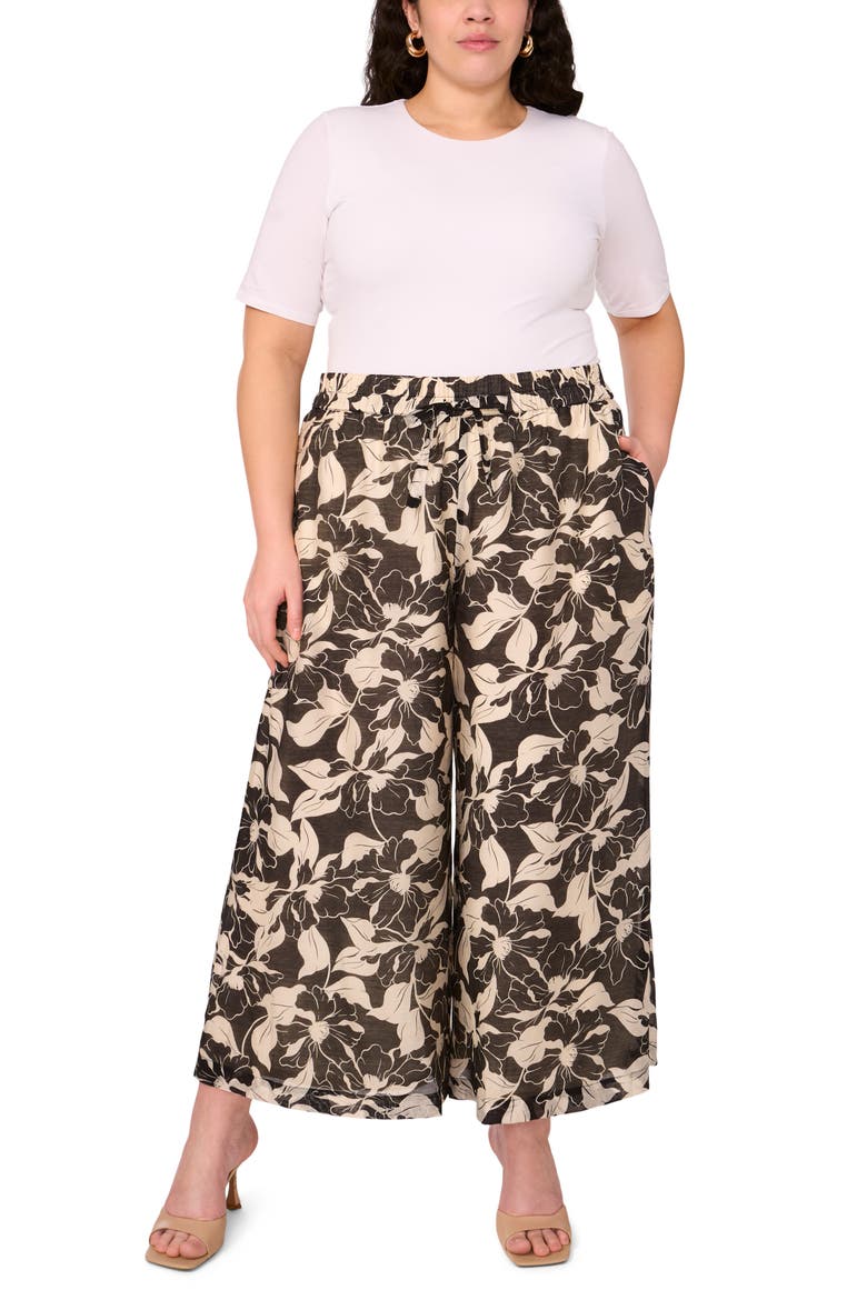 Floral Wide Leg Ankle Pants, Alternate, color, RICH BLACK