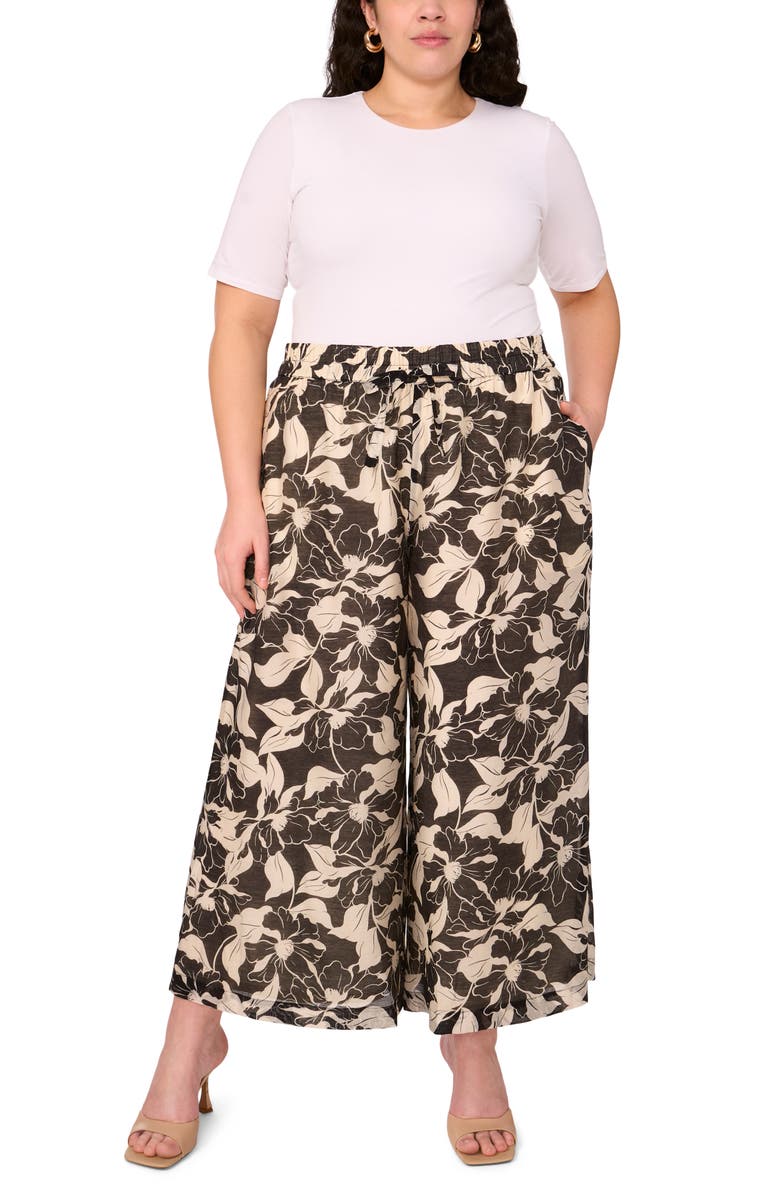 Vince Camuto Floral Wide Leg Ankle Pants, Alternate, color, Rich Black