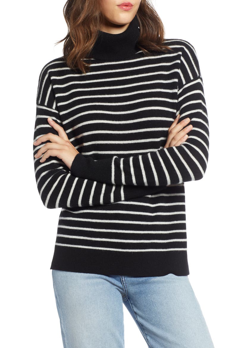 Cashmere Turtleneck Sweater, Main, color, BLACK- IVORY STRIPE