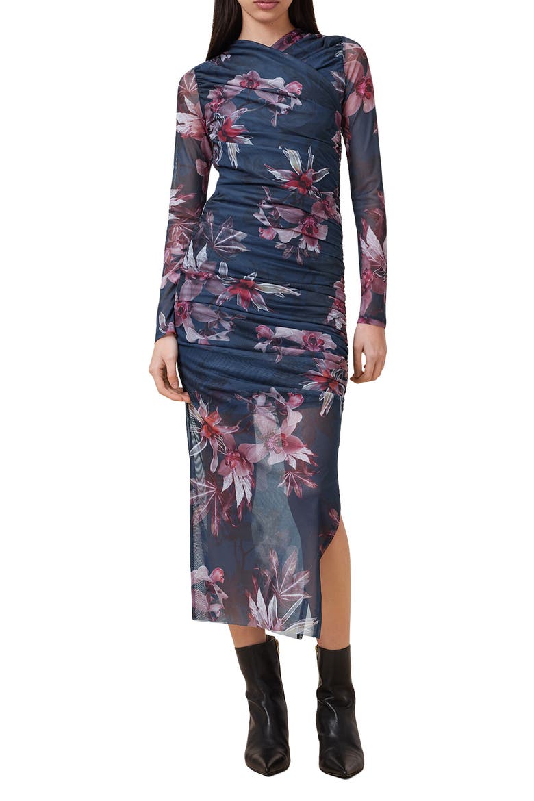 Hanako Long Sleeve Mesh Midi Dress, Main, color, ADENA DEEP BLUE