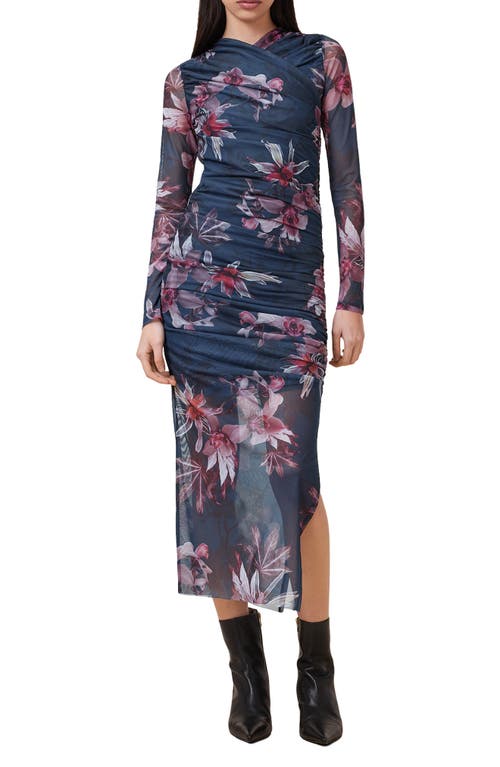 Allsaints Hanako Long Sleeve Mesh Midi Dress In Blue