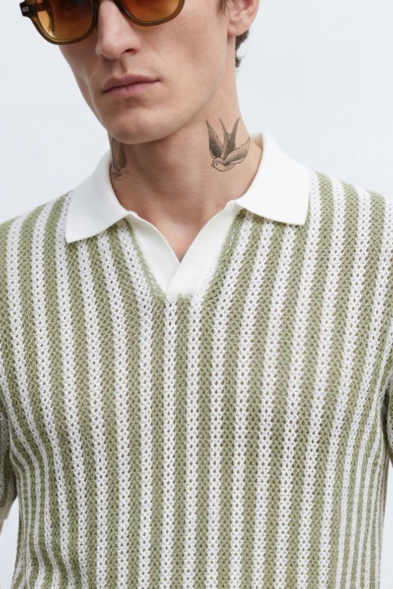 Albie Stripe Cotton Crochet Polo Shir, Alternate, color, Cream Khaki