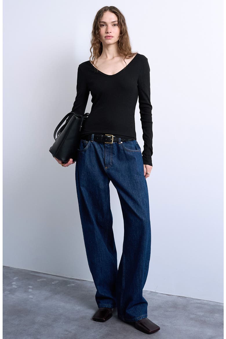 Double V-Neck Long Sleeve Stretch Cotton Rib Top, Alternate, color, BLACK