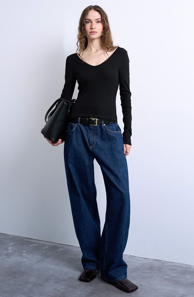 Topshop Double V-Neck Long Sleeve Stretch Cotton Rib Top, Alternate, color, Black