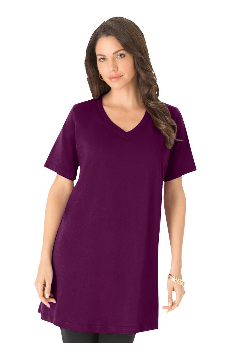 Roaman's Plus Size Ultimate Cotton V-Neck Short Sleeve Tunic, Alternate, color, Dark Berry