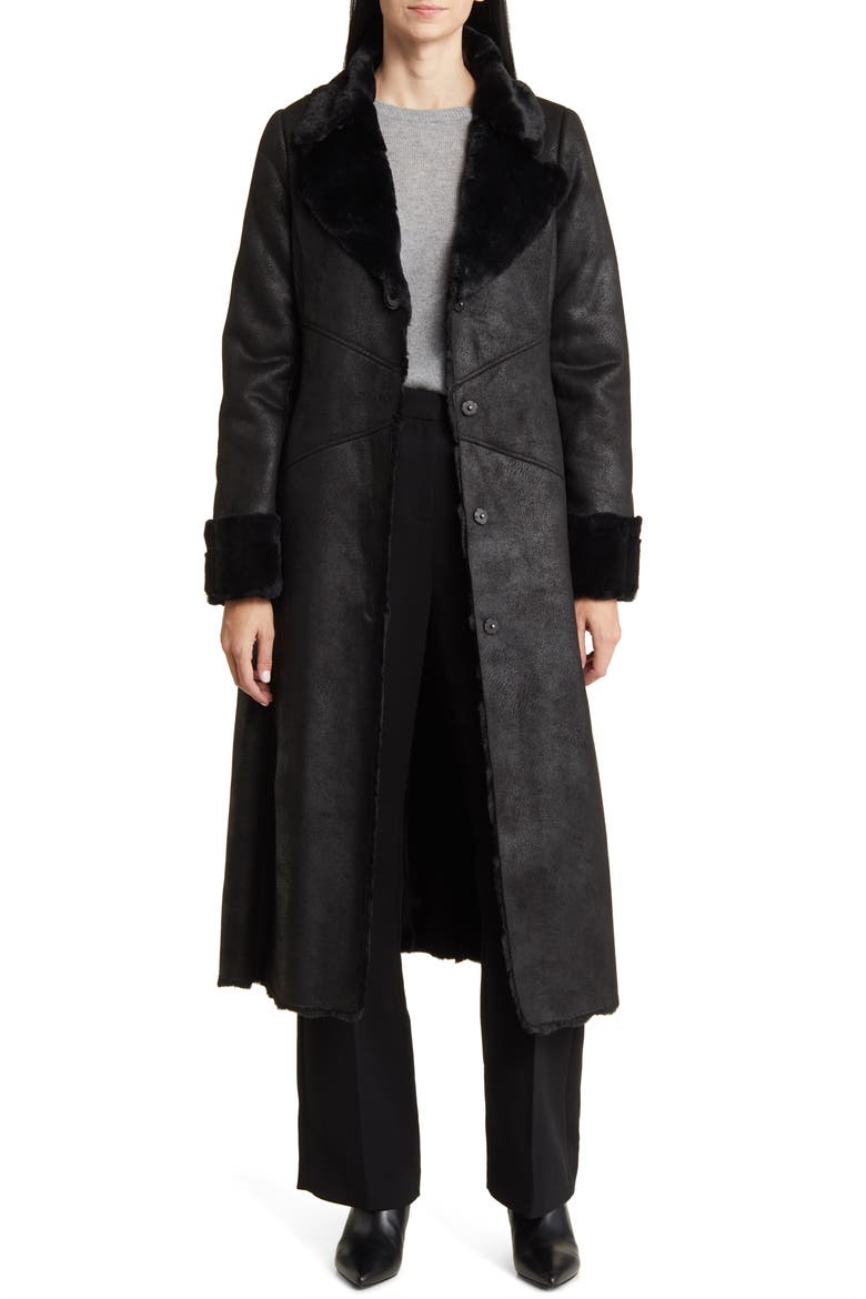 Longline Faux Shearling Coat, Alternate, color, BLACK