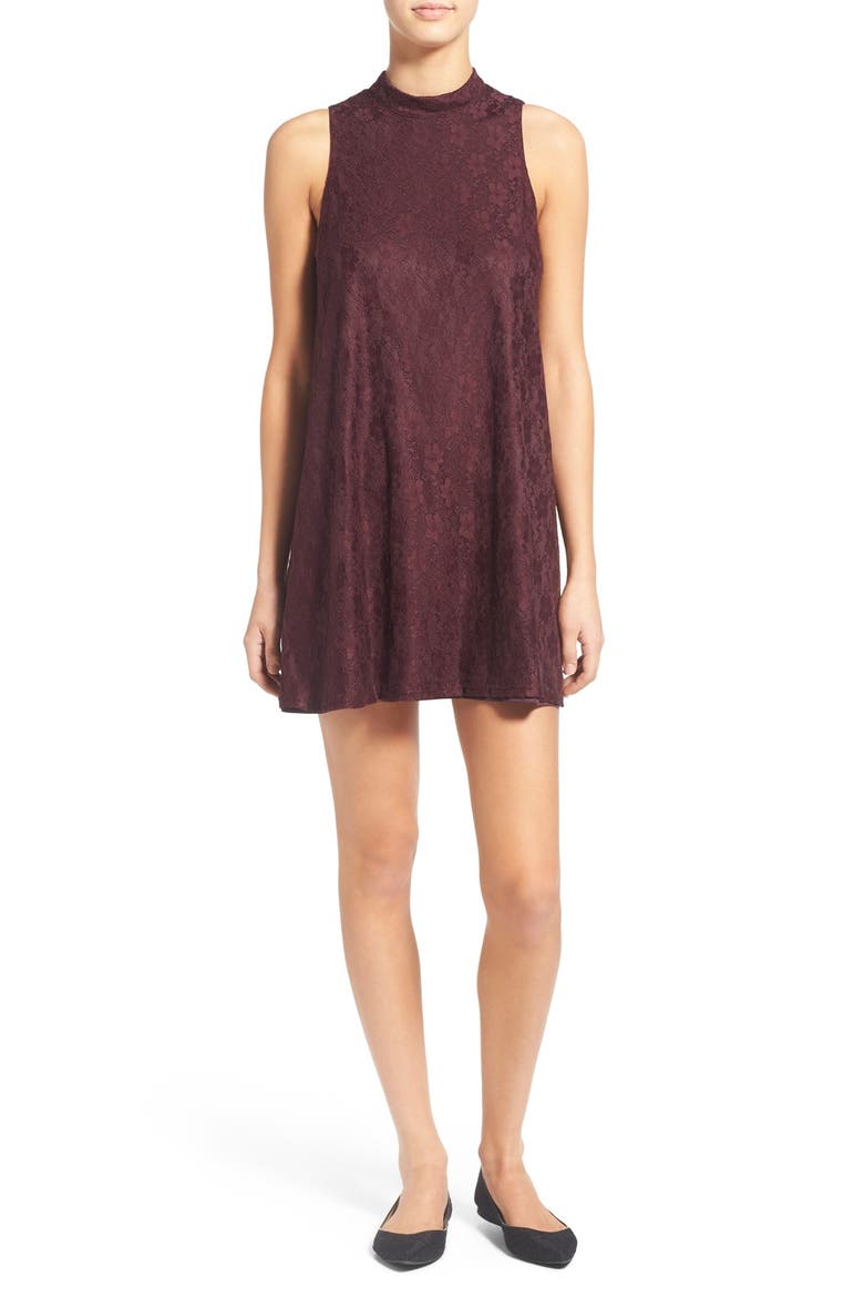 Lace Mock Neck Shift Dress, Main, color, RAISIN