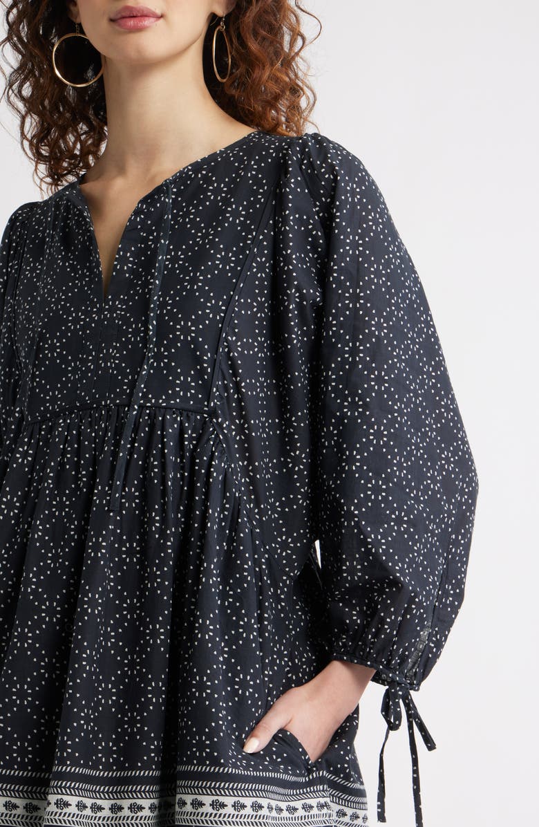 Treasure & Bond Long Sleeve Cotton Babydoll Dress, Alternate, color, Black- Ivory Boho Border