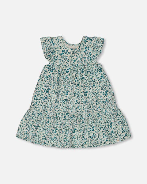 Baby Girl's Printed Organic Cotton Dress Small Turquoise Flowers