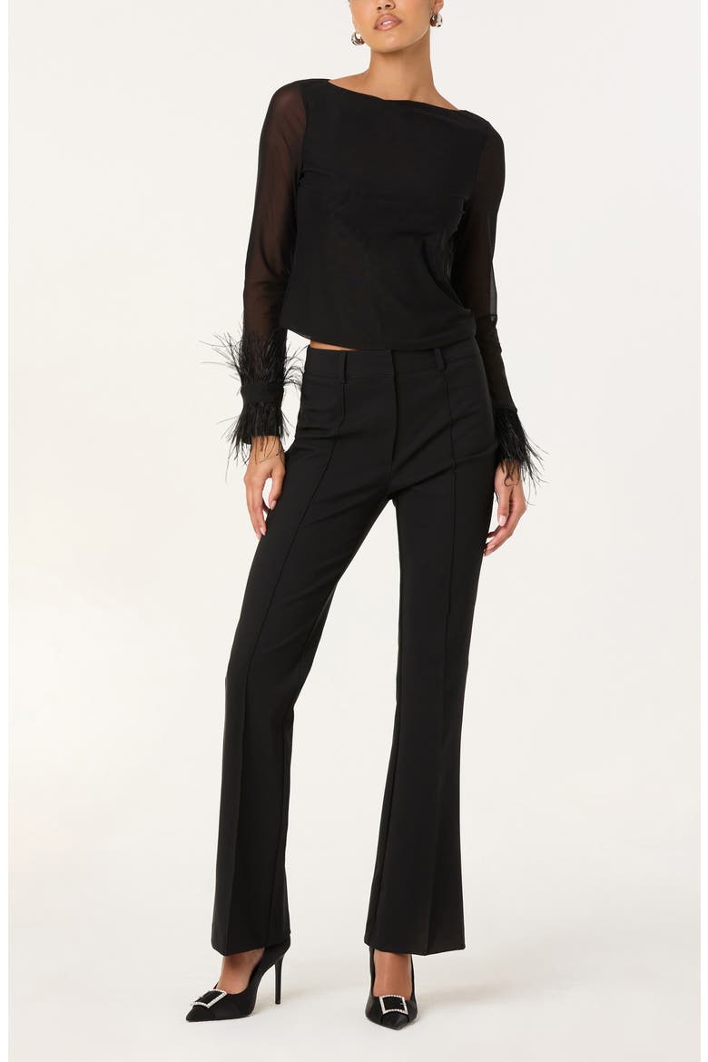 Brisa Feather Trim Long Sleeve Top, Alternate, color, BLACK