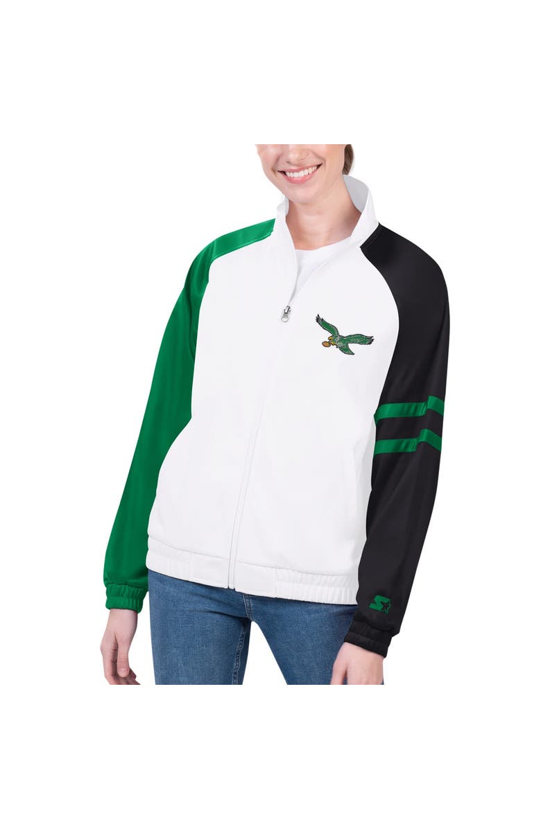 STARTER Women's Starter White Philadelphia Eagles Curve Ball Raglan Full-Zip Track Jacket, Alternate, color, White
