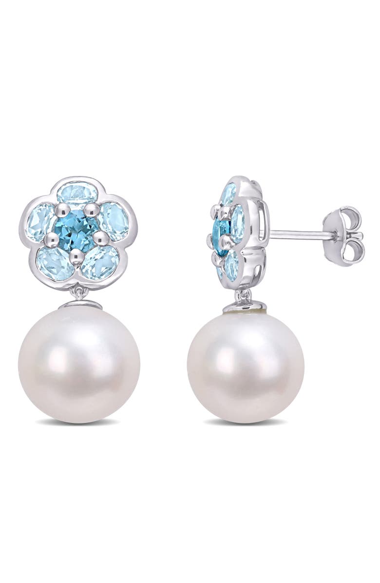 Julianna B. Pearl & Topaz Flower Drop Earrings, Main, color, Blue Topaz