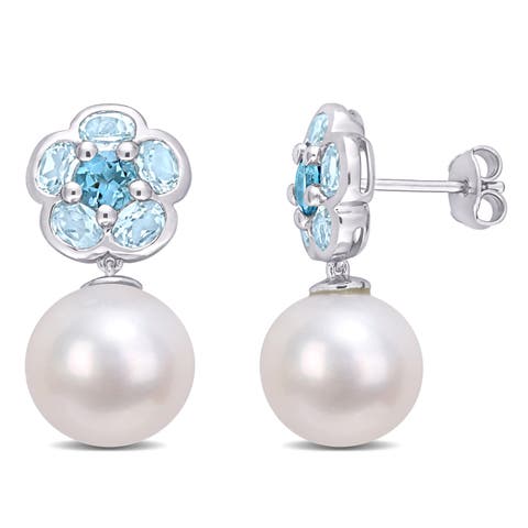 Pearl & Topaz Flower Drop Earrings