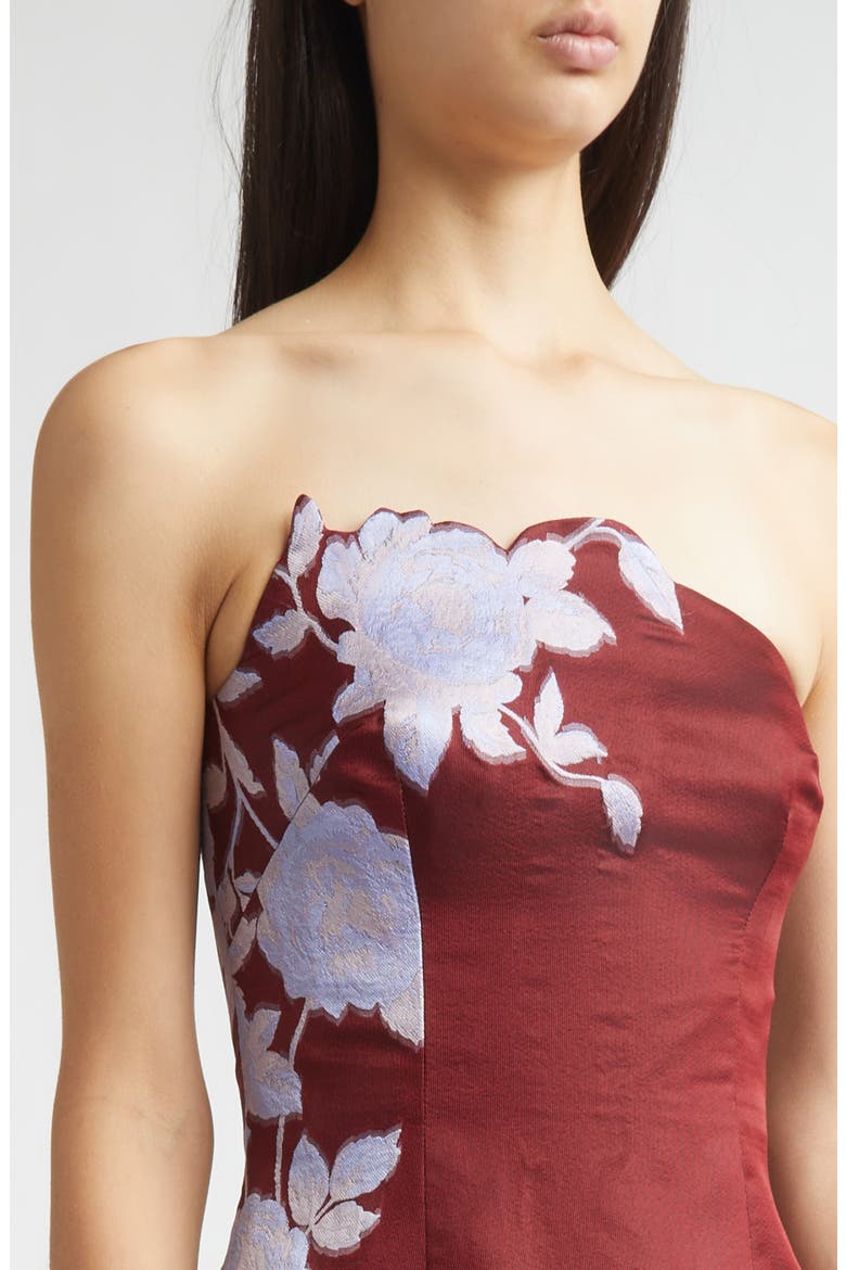 Rose Engineered Brocade Strapless Column Dress, Alternate, color, OXBLOOD/ LAVENDER