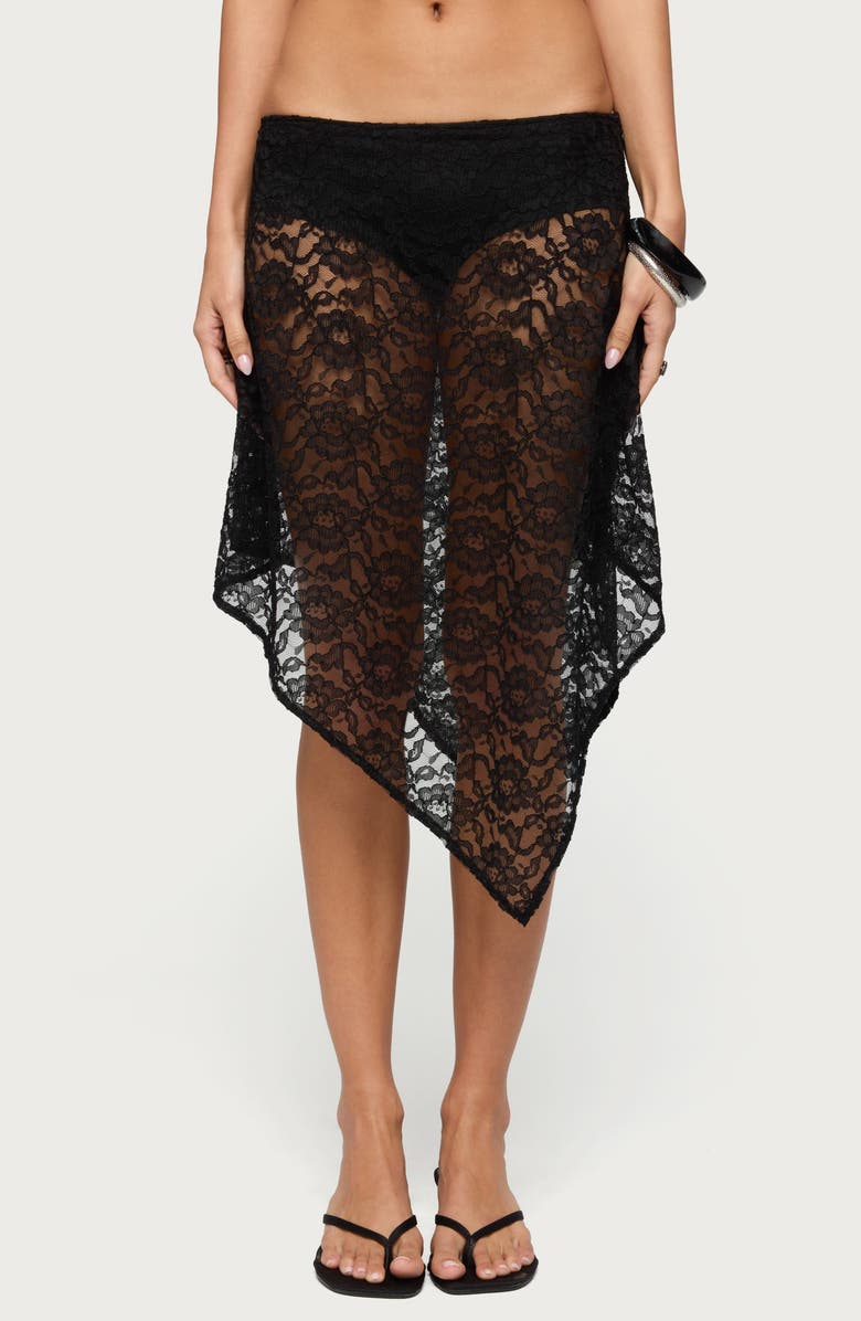 EDIKTED Handkerchief Hem Low Rise Sheer Lace Skirt, Main, color, Black