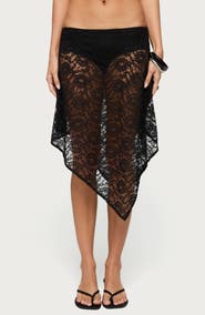 EDIKTED Handkerchief Hem Low Rise Sheer Lace Skirt