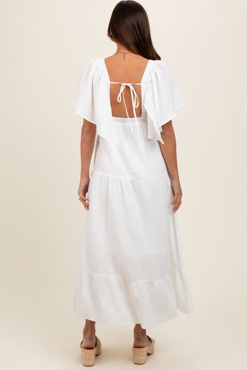 Pinkblush Deep V-neck Flutter Sleeve Tiered Midi Dress In White
