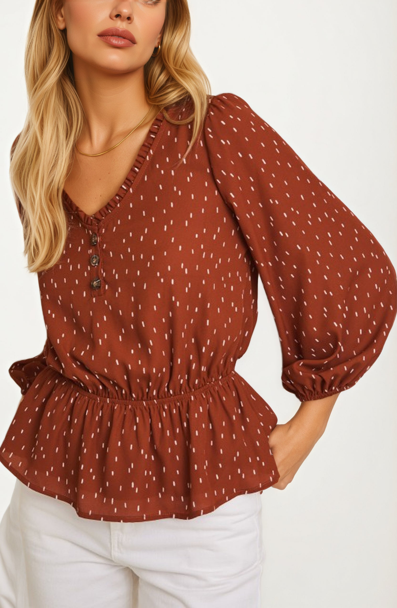 Knit and Lounge V-Neck Button Front Peplum Blouse, Alternate, color, 