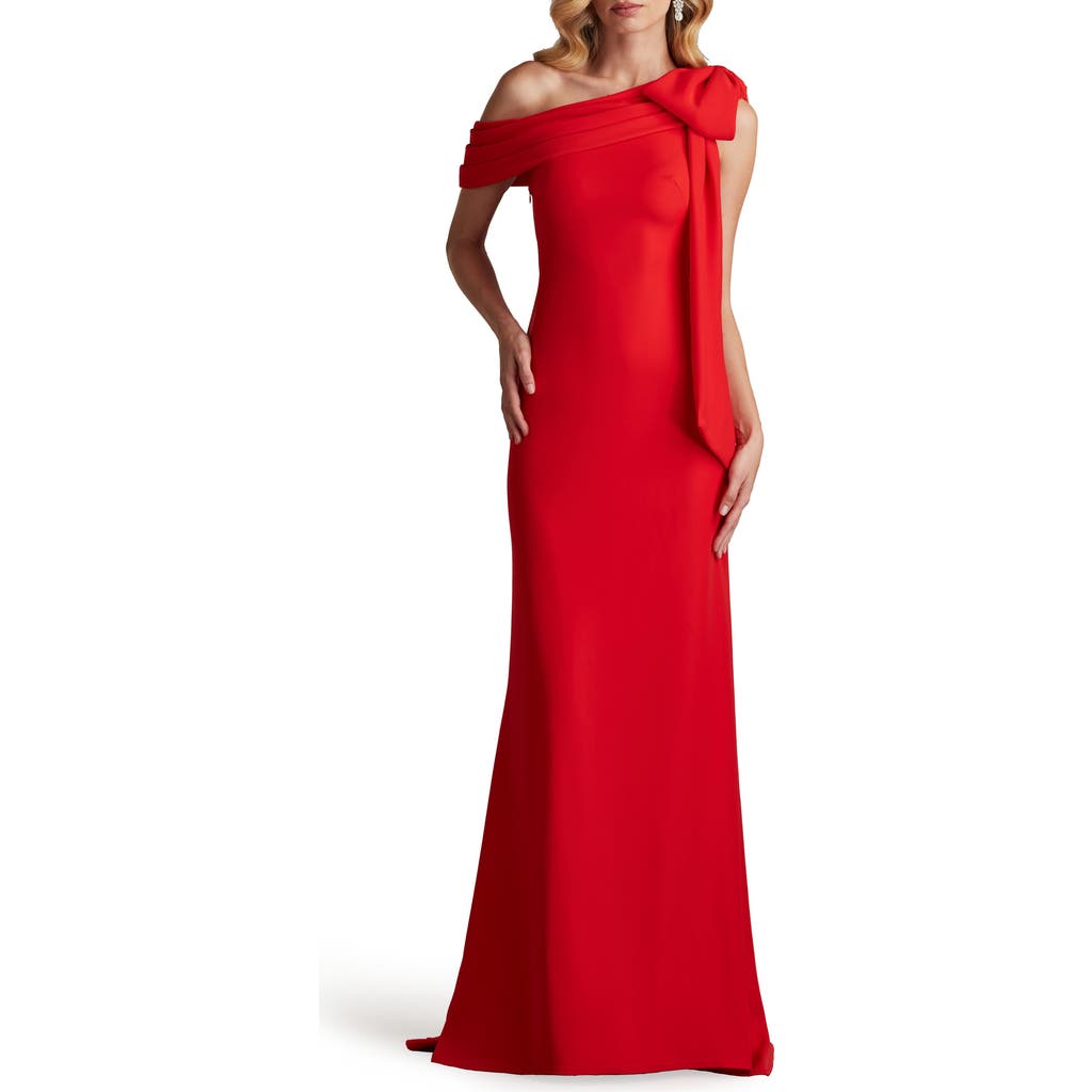 Tadashi Shoji Crepe Gown With Shoulder Bow Sash In Red Rose