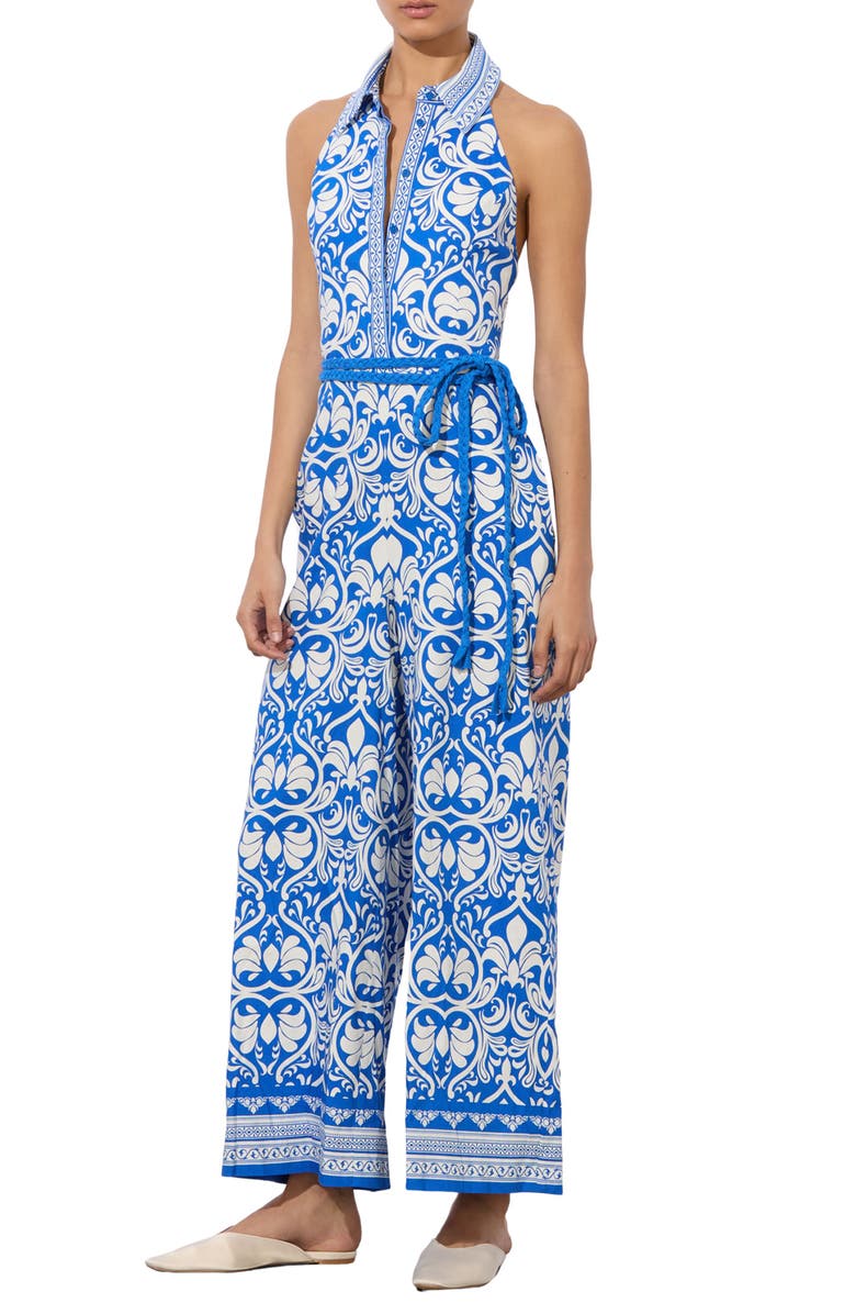 Alice + Olivia Alara Halter Crop Wide Leg Jumpsuit, Main, color, Soiree Trueblue