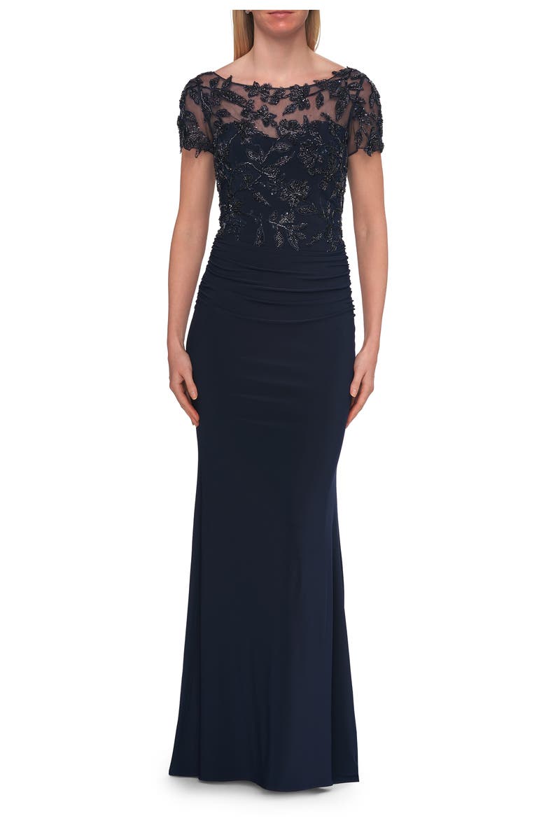 La Femme Beaded Lace Illusion Bodice Evening Gown, Main, color, Navy