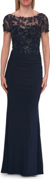 La Femme Beaded Lace Illusion Bodice Evening Gown