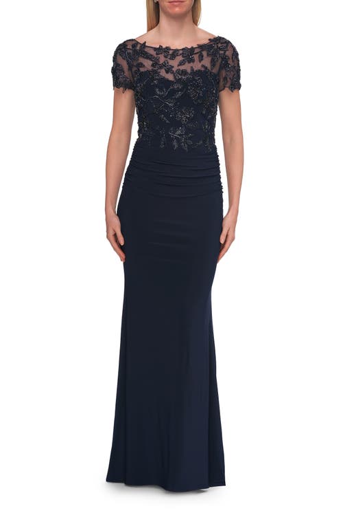 La Femme Beaded Lace Illusion Bodice Evening Gown in Navy at Nordstrom, Size 8