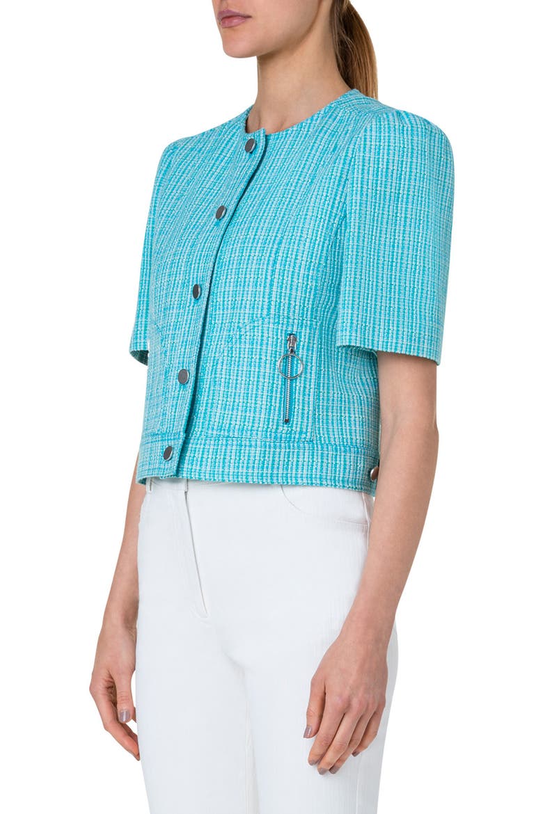 Short Sleeve Cotton & Linen Tweed Jacket, Alternate, color, TURQUOISE-MULTICOLOR