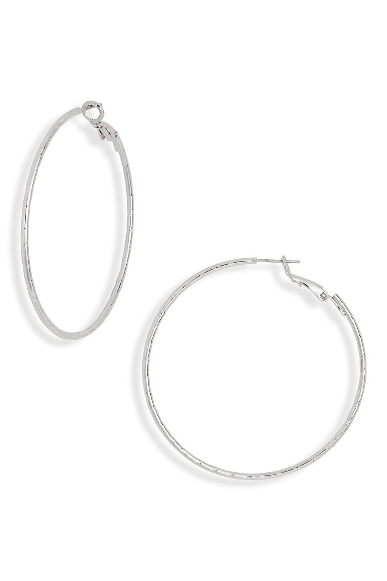 55mm Skinny Textured Hoop Earrings, Main, color, SILVER