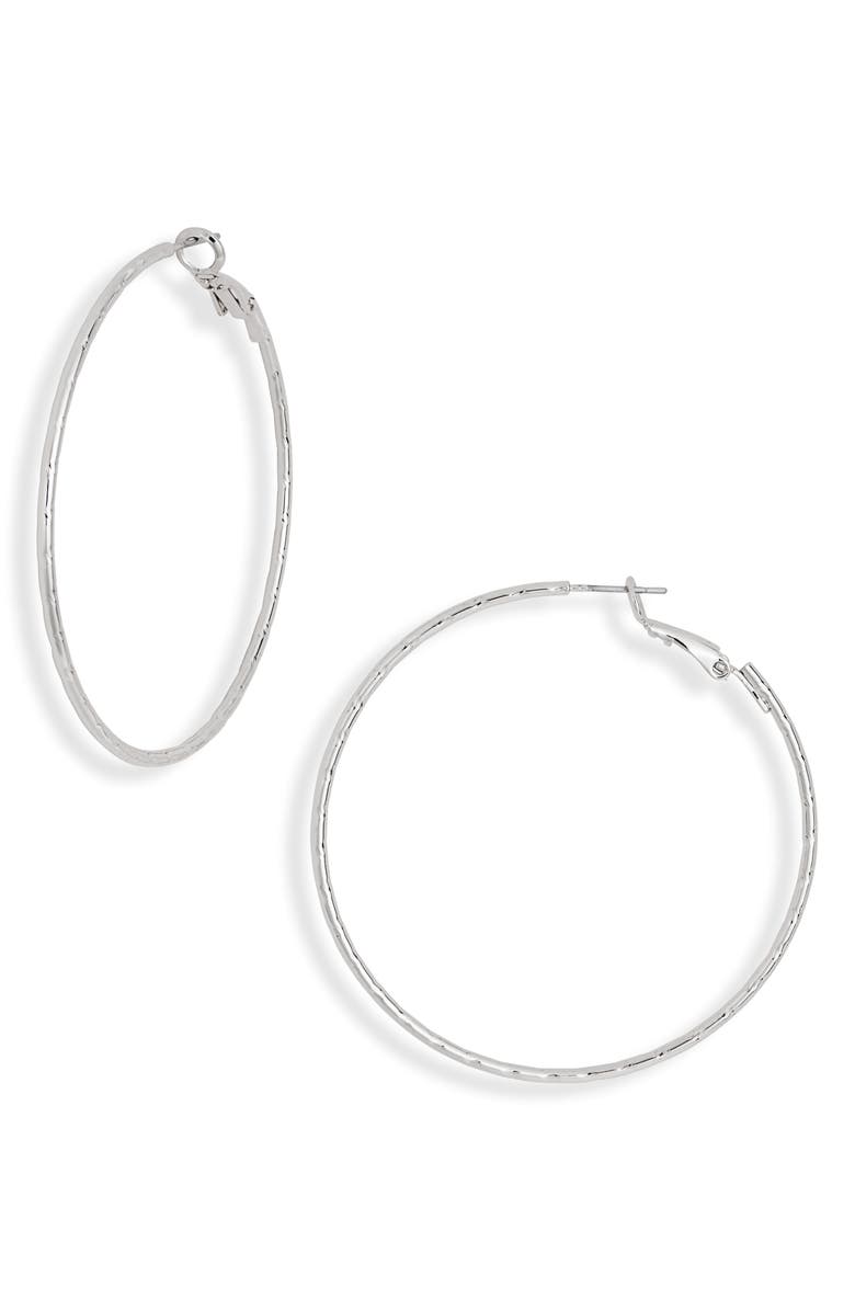 NORDSTROM RACK 55mm Skinny Textured Hoop Earrings, Main, color, Silver