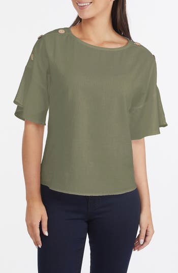 ELLEN TRACY ELLEN TRACY ROUND NECK BUTTON DETAIL LINEN BLEND TOP